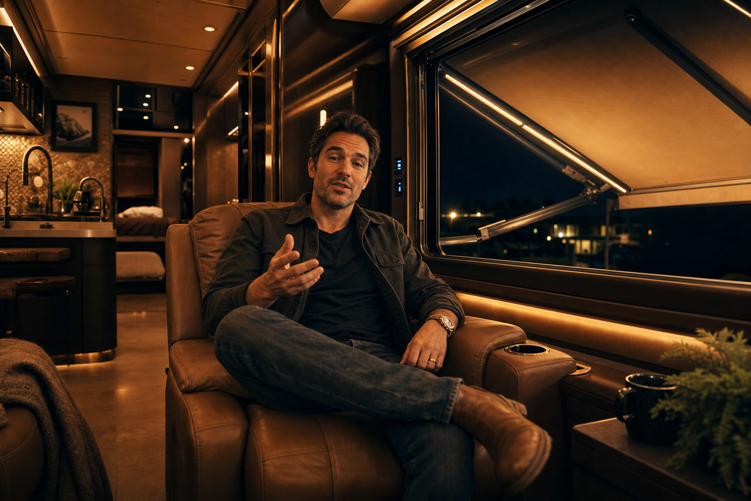 Luxury RV interior at night with effortless voice control